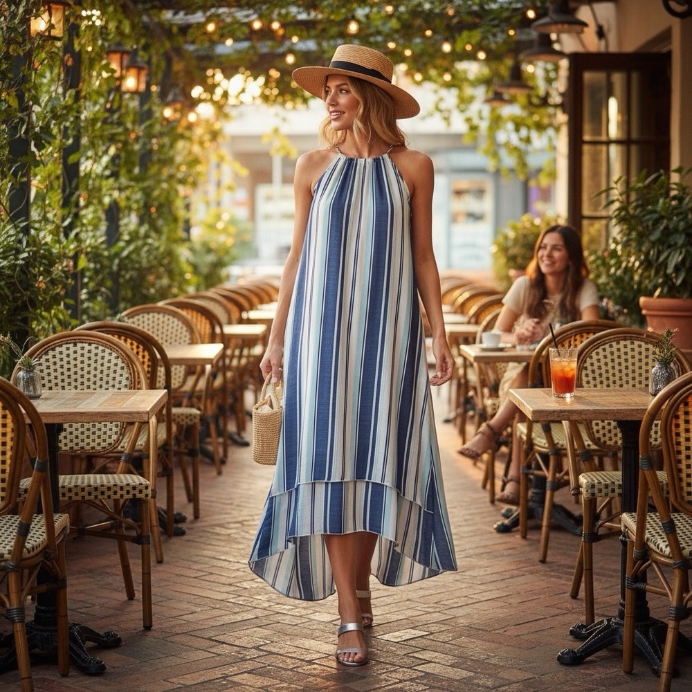 NWT Mile Gabrielle Dress Maxi Women’s Size S Blue Gray White Striped Sleeveless